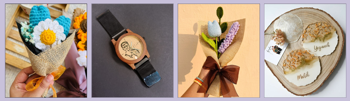 Handcrafted personalized gifting including crochet flower bouquets, a custom wooden engraved watch, and unique name-engraved coasters